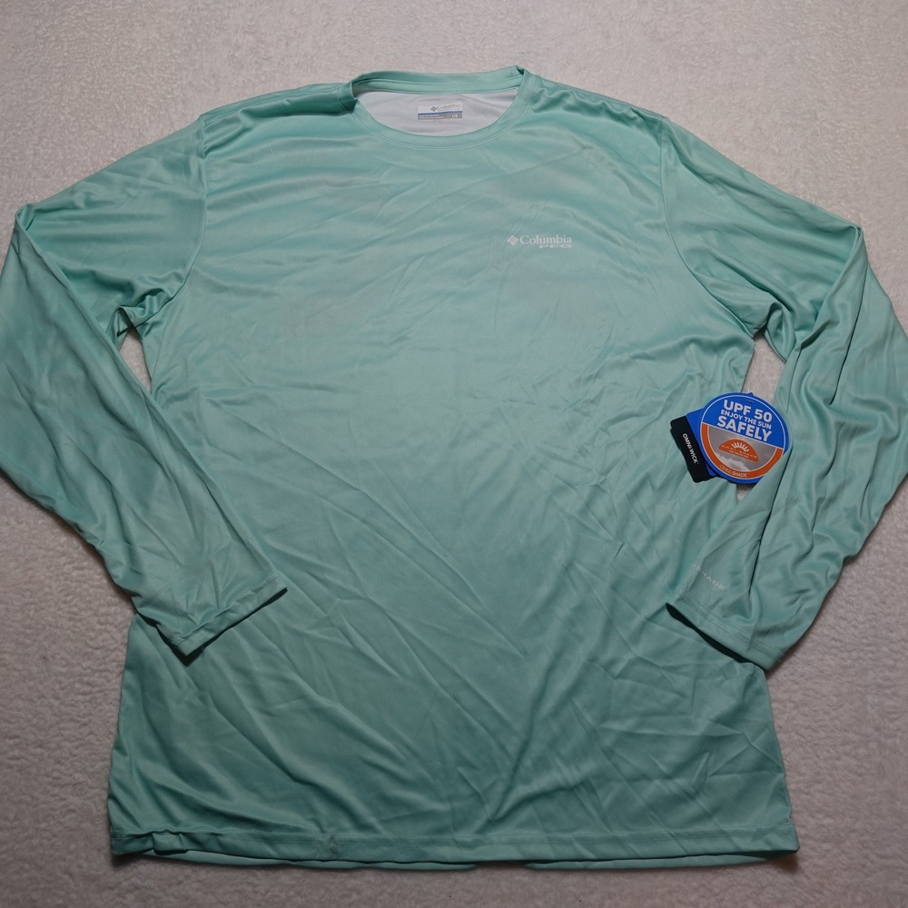 Little Stain Columbia PFG Terminal Tackle Fishing Shirt Mens L Aqua Florida Flag